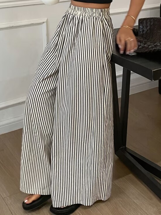Pants - Casual Women'S Striped Wide-Leg Trousers Made Of, Featuring an Elastic Waistband